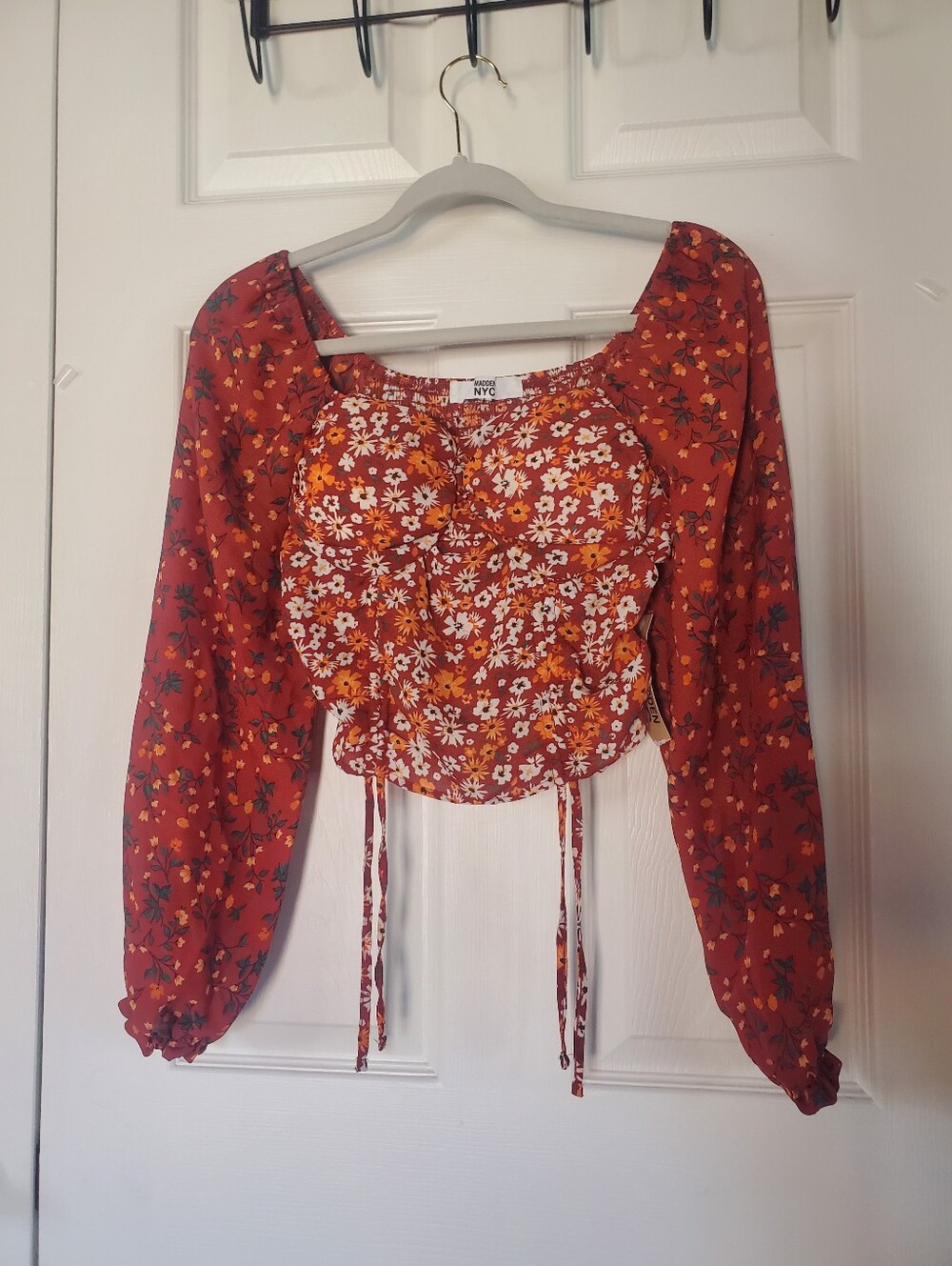 Boho Floral Crop Top Padded Chest Smoked Back Long Puffs Sleeves Festival Preppy
